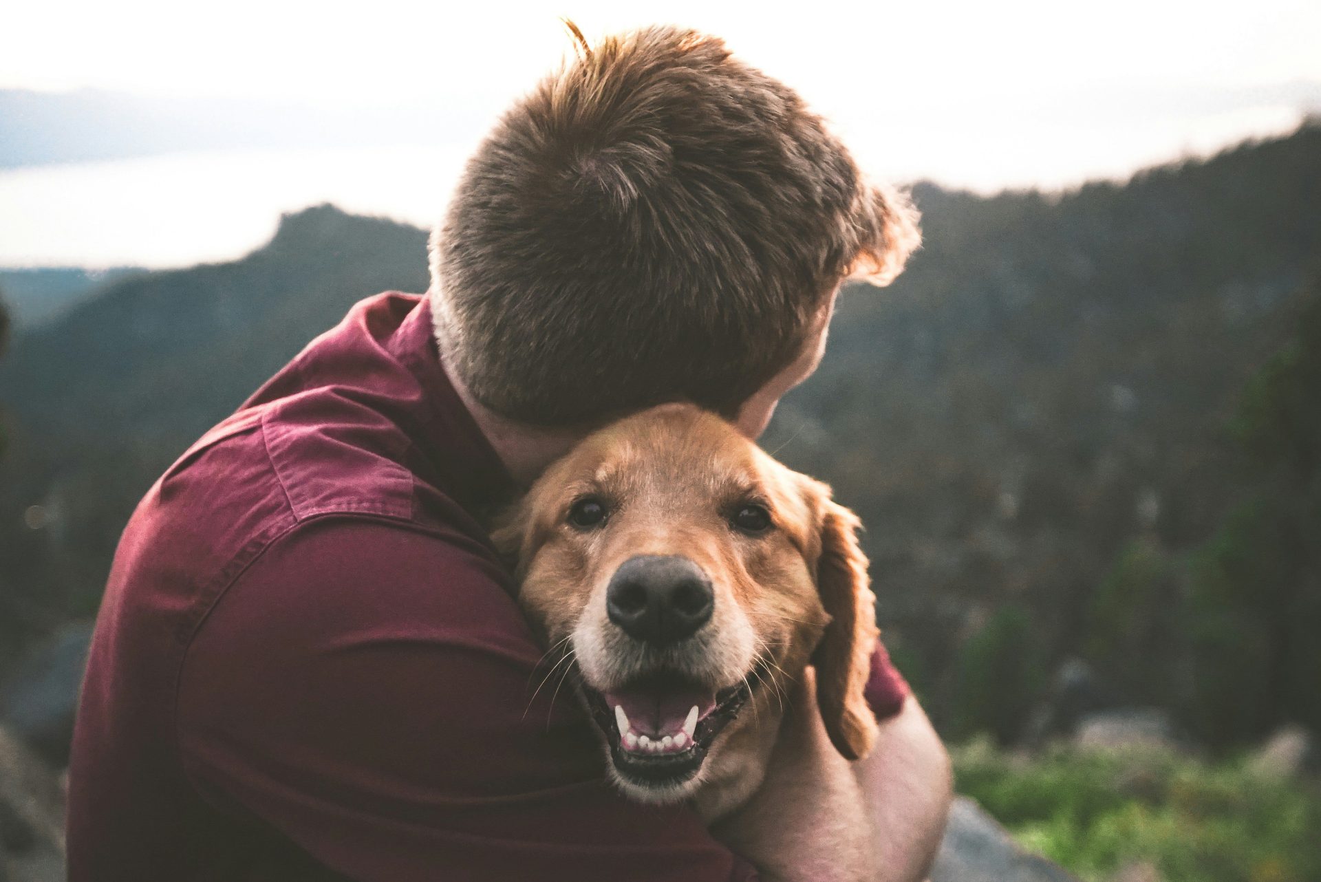 photo d'un homme serrant un chien beige dans ses bras